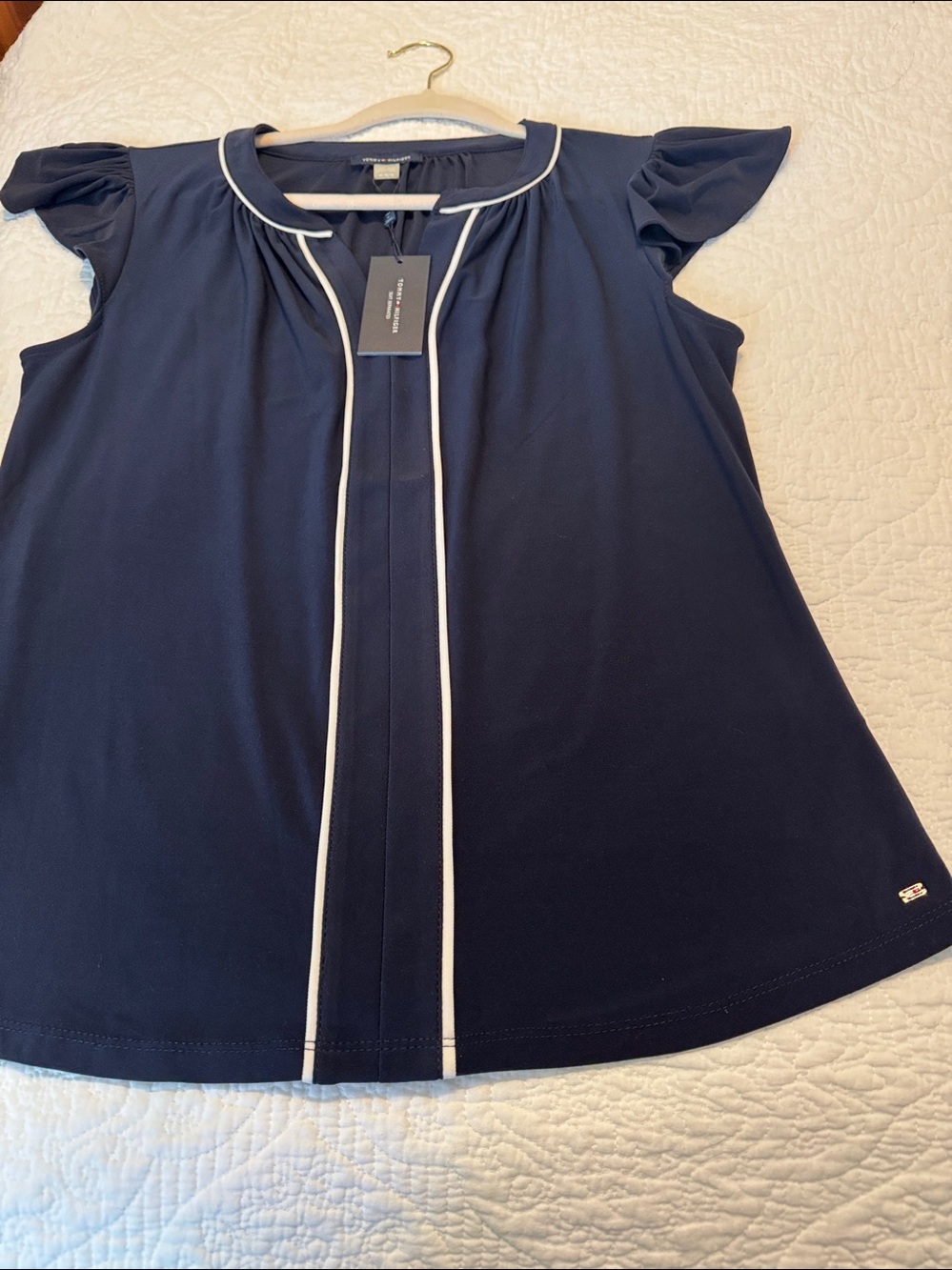 Tommy Hilfiger Navy Top with White Trim and Flutter Sleeves